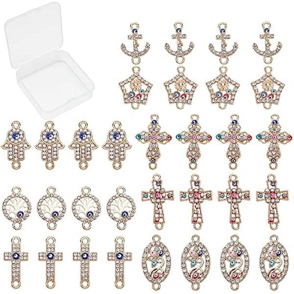 32 stk. Evil Eye-konnektorer, forgyldt rhinestone, kors, oval Hamsa-hånd, flad rund Tree of Life-led, charms, Lucky Chakra-vedhæng til smykkefremstilling