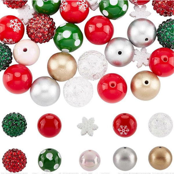 50 stk. 10 stiler 20 mm Juleperlesett Store akrylperler Bulk Snøfnugg Løse perler Mini Runde Hvite Røde