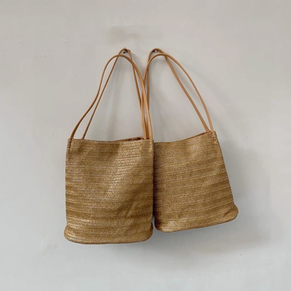 Damefarvet Skuldertaske Casual Vævet Strandtaske Til Pendling Og Ferie Dark Beige