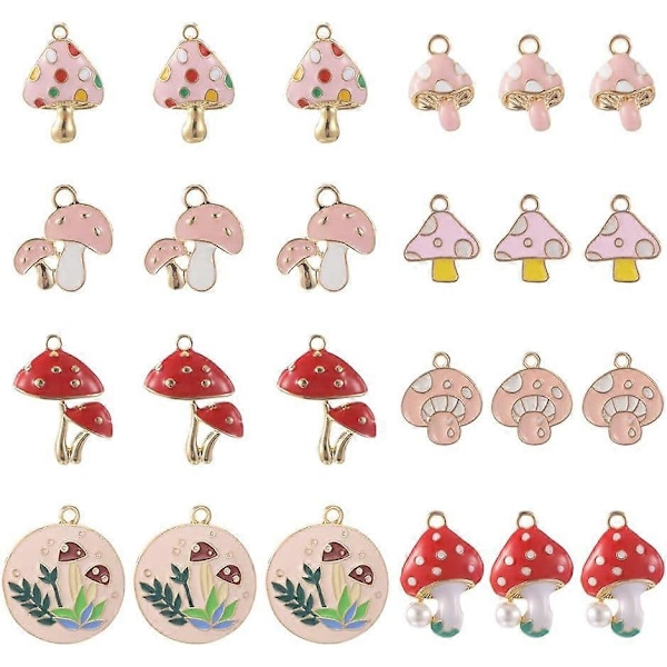 1 Ask 48 st 8 Stilar Svampar Berlocker Svampar Berlock Bulk Rosa Röd Svampar Emalj Berlock Fairy Berlock Växt Vår Berlock