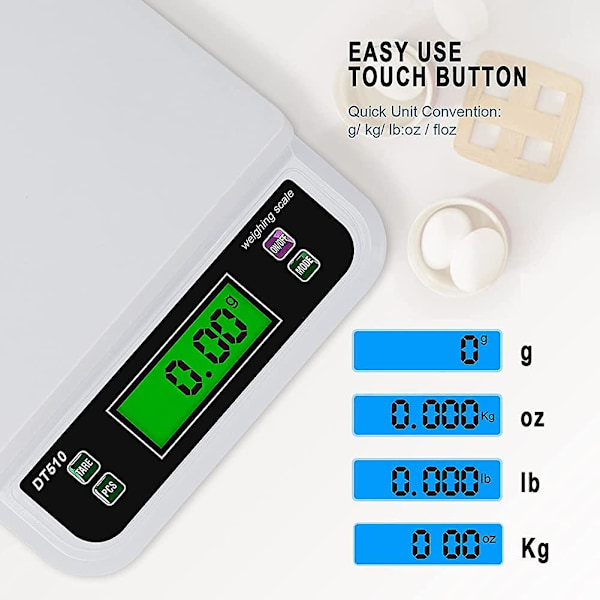 Elektronisk kjøkkenvekt 30kg / 1g. Matvekt Digital Matlaging Hjemmelaging Fruktveiing Multifunksjonsvekt (farge: Hvit. Størrelse: 30kg-1g)