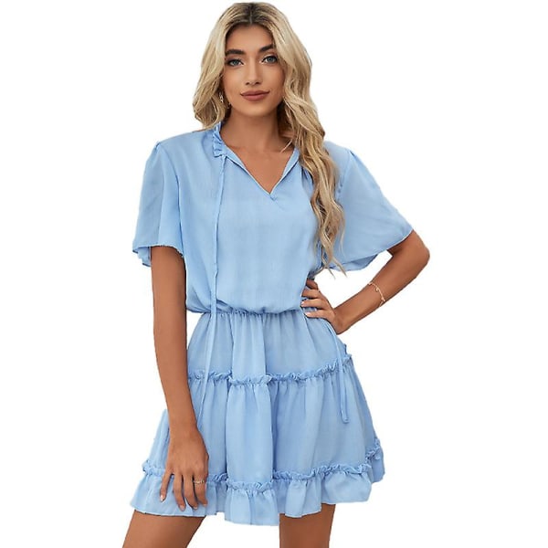 Dame V-hals Flæse Chiffon Kjole Blue S