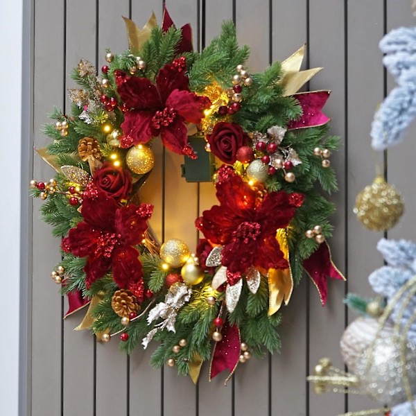 Julkrans för ytterdörren, 15 tum Ljusa LED-julkransar, Röda och Gyllene Dekorationer med Ljus, Förbelyst Ornament Utomhus Vägg Heminredning