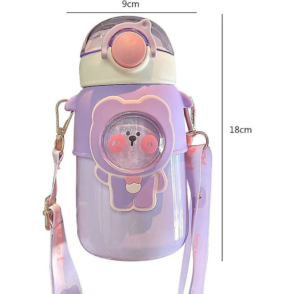 Kawaii Vannflaske Med Sugerør, Søte Vannflasker Med 3d Kawaii Klistremerke, Rustfritt Stål Vannflaske 600ml (lilla)