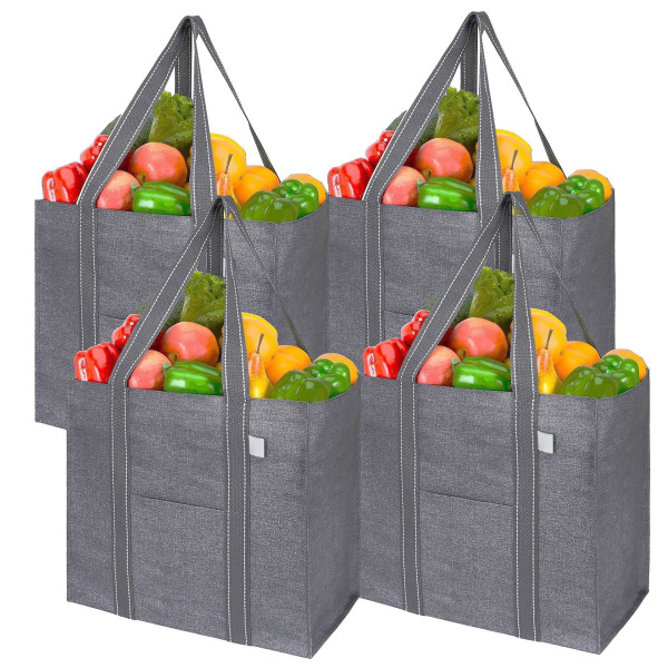 Sett med 4 grå gjenbrukbare handleposer og vesker, forsterket bunn, frontlomme, multifunksjonell tote bag, handlevognpose, stående handlepose, vanntett