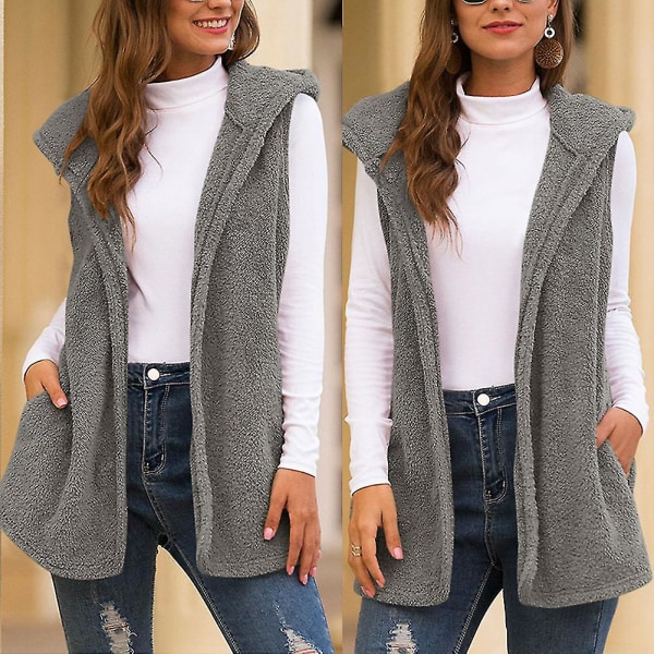 Kvinnor Plysch Hooded Väst Casual Vinter Höst Varm Ytterkläder Solid Coat Ny M C