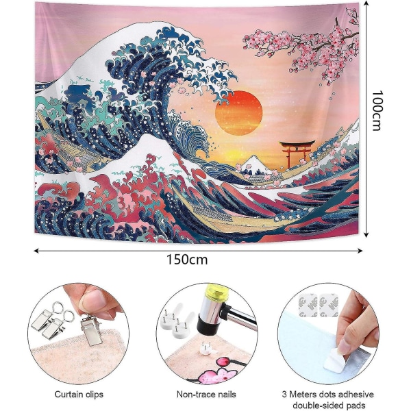 100x150cm) stor vågtapet Japansk havsvågsväv Solnedgångsväv Körsbärsblomningsträd Bakgrund Kanagawa Mountain Tapestry