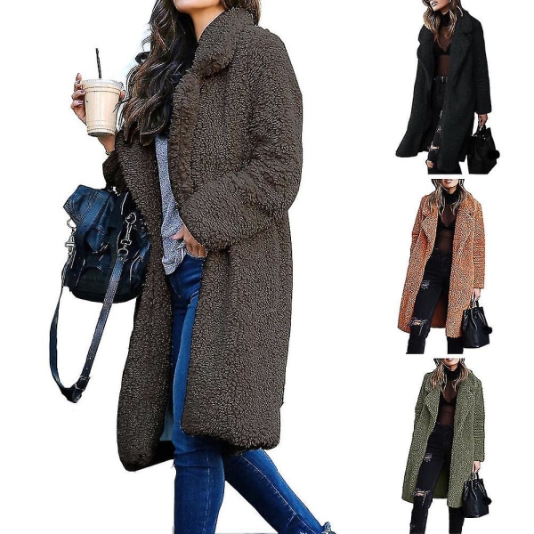 Lång kappa för kvinnor med kavajkrage Långärmad plysch kofta ytterrock XL Dark Grey