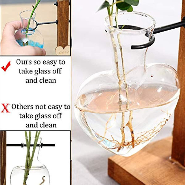 Glas Planteterrarium med Træfod Kreative Dobbelte Hjerte Glas Hydroponiske Vaser 2Heart Vase