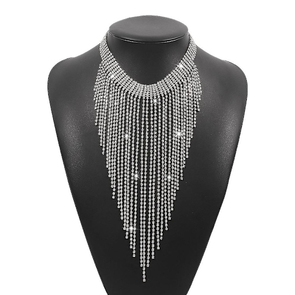 Rad av diamanter, tofsar, strass, lätt lyxnöje halsband, överdriven nattklubb vind klo kedja retro silver