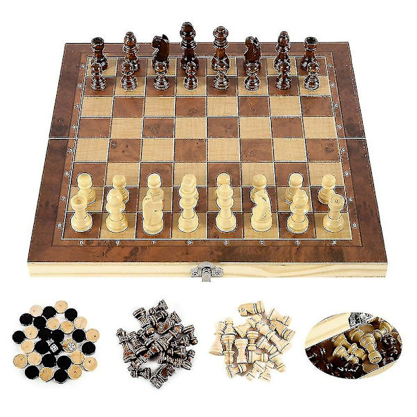 3 i 1 Trä Internationellt Schackset Backgammon Brädspel Damspel Pusselspel Fällbart Schackbräde 24x24cm