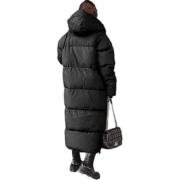 Kvinnors långa quiltade kappa, huvtröja längd långärmad pufferjacka Black M