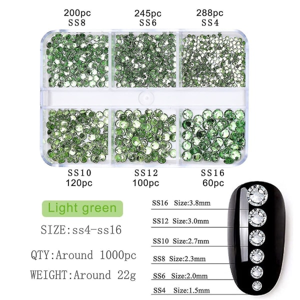 1000 stk Grønne Negle Sten Charms Flatback Krystal Rhinestones Negleforsyninger Runde Perler Diamant Bor 6 Størrelser (1,5-3,8 mm) Glas Rhinestone Til Kvinder Diy