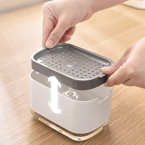 Oppvaskmiddeldispenser med svampholder, plastpresse, vask, kjøkkenvask, såpepumpe (hvit)
