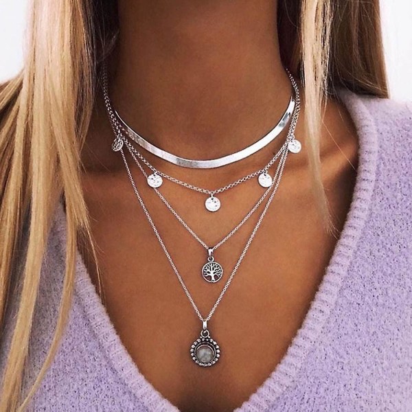 Boho flerskiktat halsband Livets träd Kristallhänge Halsband Silver Vintage Halsband Smycken för kvinnor och flickor