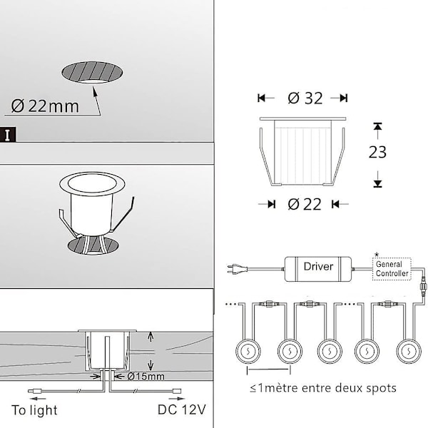 12 st LED-infällda spotlights, 12v-ip67, 0,6w Dc, varmvit [energiklass A+]