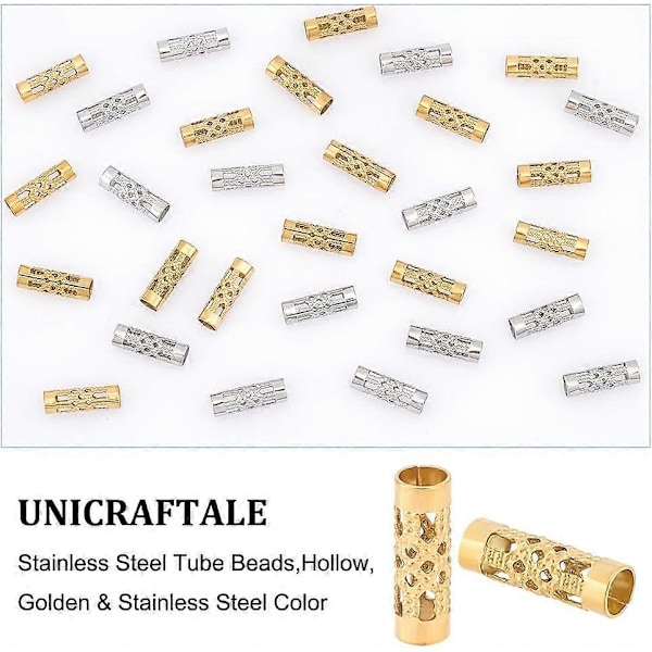 50 stk. 2 farger hule rørperler 304 rustfritt stål rørperler 4 mm diameter hule mønsterperler Europeiske søyleperler Metallmellomleggsperler for DIY Cra