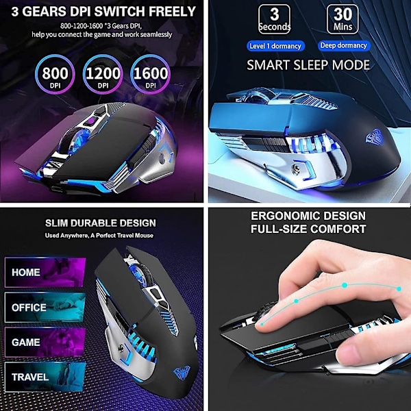 Bluetooth-mus, oppladbar trådløs gamingmus for flere enheter (BT 5.0/3.0+USB) med sideknapper, RGB LED-lysende ergonomisk trådløs datamus