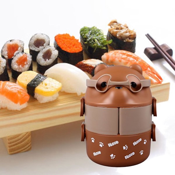 Bärbar Bento Lunchbox, 2-lagers Behållare för Skola, Arbete, Camping - Björnform, Utmärkt Värmeisolering, Muti Purpose (Kaffe färg)