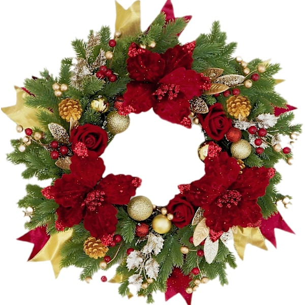 Julkrans för ytterdörren, 15 tum Ljusa LED-julkransar, Röda och Gyllene Dekorationer med Ljus, Förbelyst Ornament Utomhus Vägg Heminredning