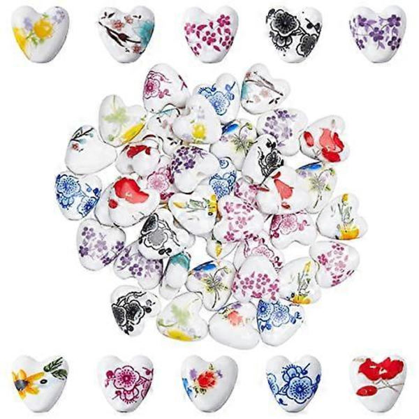 50 stk. 10 farger Håndlagde Porselensperler 15x15mm Blomstertrykte Porselenskeramiske Perler Hjertekeramiske Perler