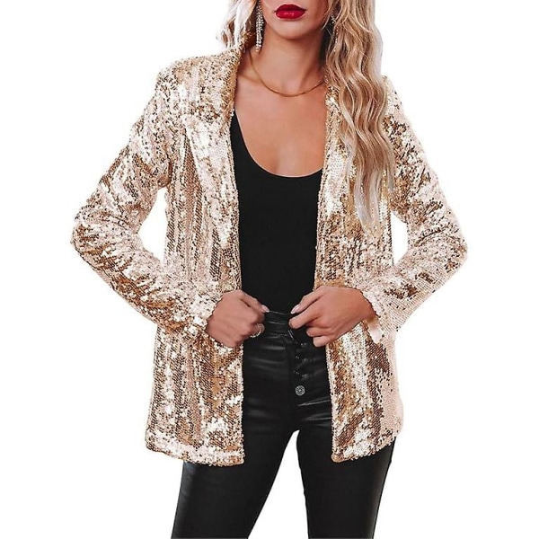 Kvinnors Sequinjacka, Glitter Sparkle Casual Långärmad Blazerrock Gold L