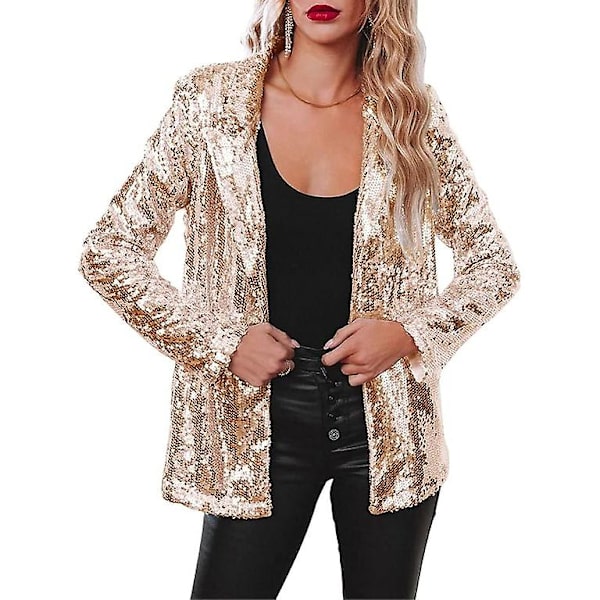 Kvinnors Sequinjacka, Glitter Sparkle Casual Långärmad Blazerrock Gold S