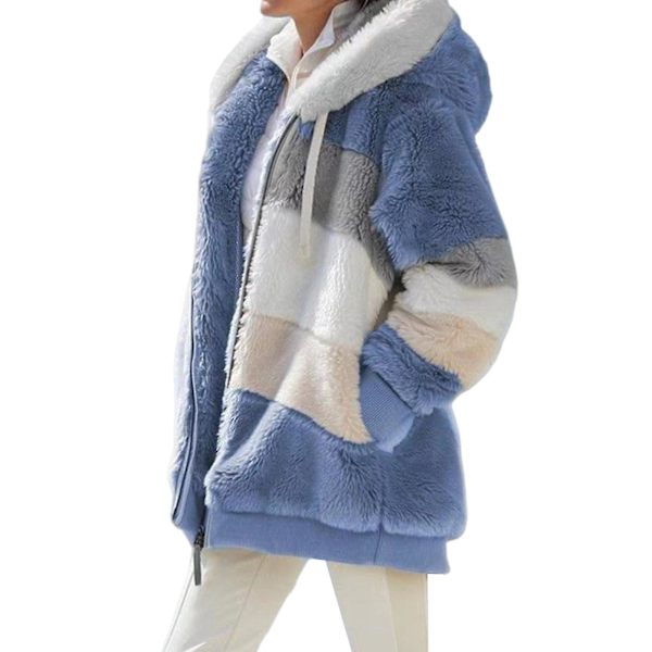 Vinter Casual Kappa För Kvinnor Med Huva Färgblock Patchwork Kappa För Middagsbjudningar 4XL Blue