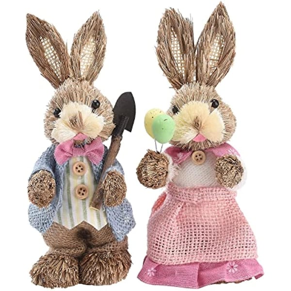 2 st påskharestuariner stående kaninstatyer figurin halmvävda påskharedekorer för bordshemdekoration
