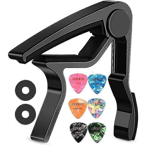 Gitarr Capo med 6 Gitarrplektrum, Ukulele Capo Akustisk Elektrisk Gitarr Clip Snabbt Byte Capo Clamp för Akustiska Elektriska Gitarrer black