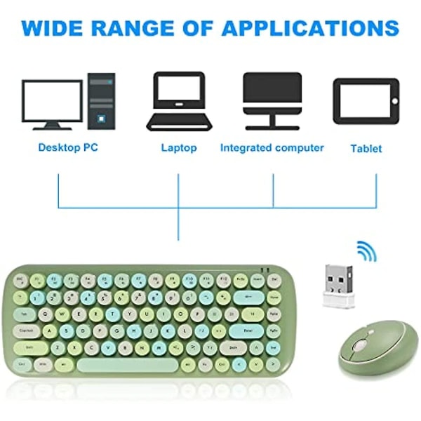 Trådlöst tangentbord och muskombination för Windows 24 Ghz trådlös bärbar mus med usb-mottagare 84 tangenter Tangentbord med söta runda retro-tangentkapslar för pc La Blue