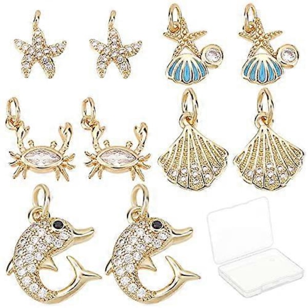 1 Æske 20 stk. 10 Stilarter Ægte 18K Guldbelagte Ocean Tema Charms Havdyr Vedhæng Skal Søstjerne Delfin Fisk Skildpadde Dangles Bulk til DIY Ørering Ne
