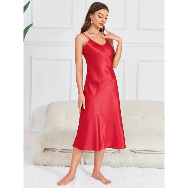 Solid Satin Slip Nattlinne, Elegant V-hals Rygglös Spaghetti Rem Nattklänning, Dam Sovkläder & Klänningar Red L