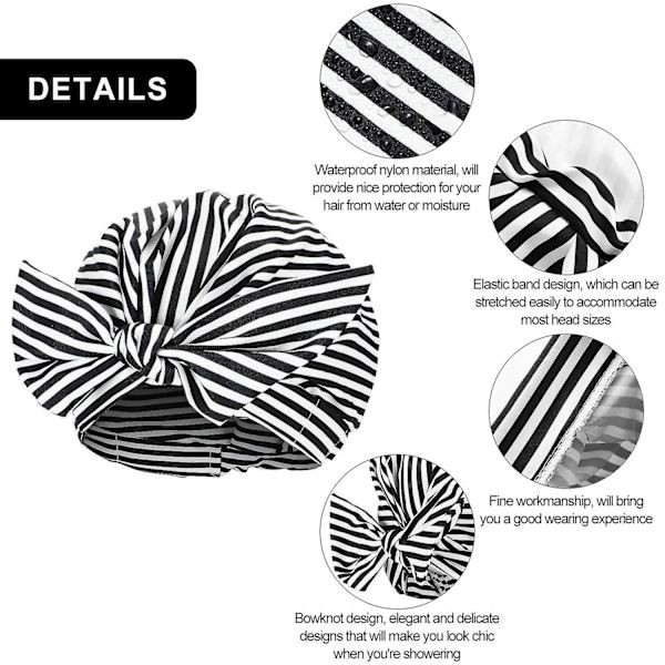 Luksus Brusehætte til Kvinder, Vandtætte Badehætter med Sløjfe, Genanvendelige Brusehætter, Multifunktionel Brusehætte, Hovedbeklædning til Badeværelse Black and White Stripe