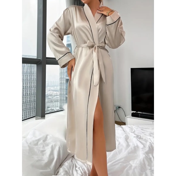 Solid nattrock i satäng, elegant långärmad v-halsrock med bälte, sovkläder för kvinnor Khaki M