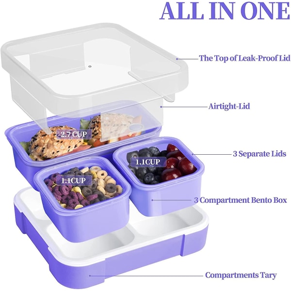 Bento Lunchbox för barn och vuxna, barnlunchbehållare med 3-fack portionskontroll