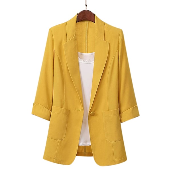 Puuvilla-pellava pitkä ja suuri kokoinen bleiseri löysä rento puku naisten vaatteet L Lemon Yellow