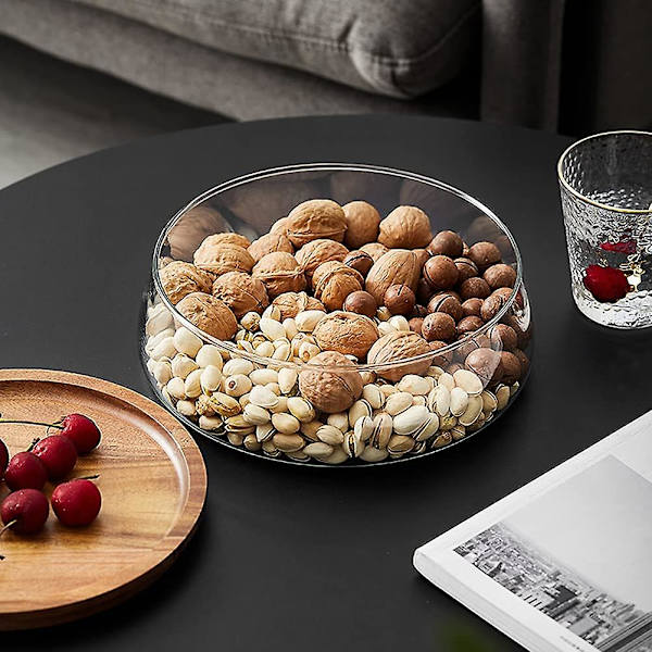 Glasgodis och nötter serveringsbehållare med trälock, rund matförvaringsbricka, snacksbricka bröd tallrikar sallad frukt grönsak stora skålar