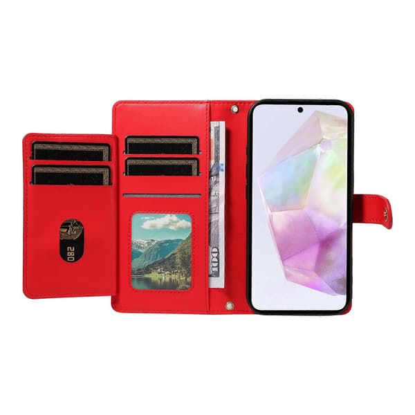 Kompatibelt plånboksfodral med remmar för Samsung Galaxy A35 5G, rombmönstrat läderställ Red
