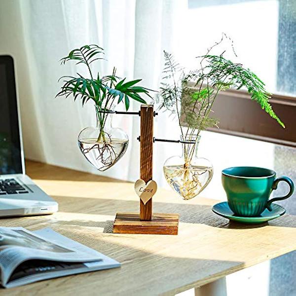 Glas Planteterrarium med Træfod Kreative Dobbelte Hjerte Glas Hydroponiske Vaser 2Heart Vase