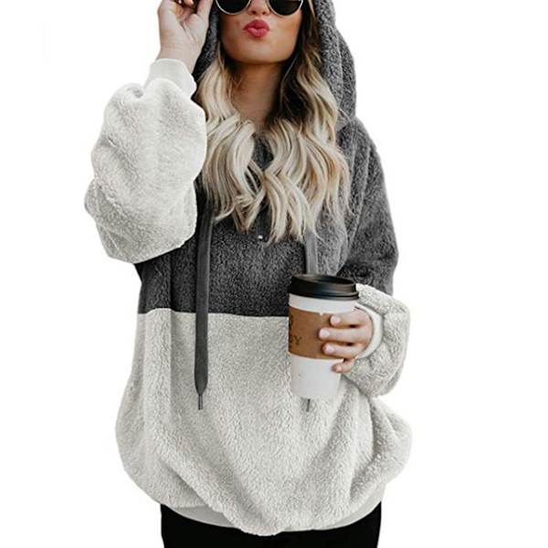 Blød Fuzzy Sweatshirt til Kvinder - Efterår & Vinter - Varmt Lynlås-Hoodie Trøje 2XL Block Color Gray
