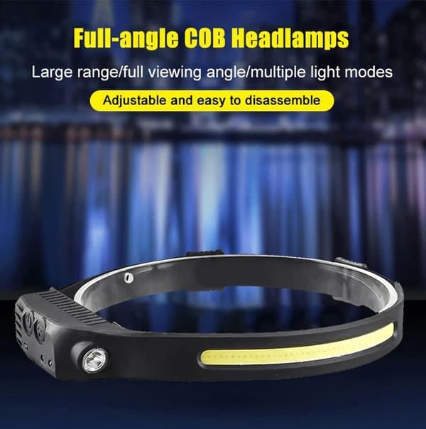 Dobbel Strip Linse Sensor Hodelykt COB LED Hodelykt Lommelykt USB Oppladbar Hodelykt 5 Lysmoduser Hodelykt (COB Hvit+Hvit) White light
