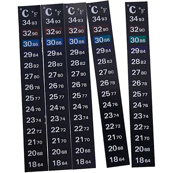 Termometerremsa, 5 st fiskakvarietermometer, 2 temperaturavläsningar, 3 färgmärken