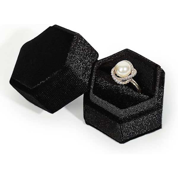 Hexagon Sammet Ring Box Enstaka Ring Display Hållare Elegant Smycken Förvaringslåda Present Till Förslag Förlovning Bröllopsdag Födelsedag Ceremoni (svart)