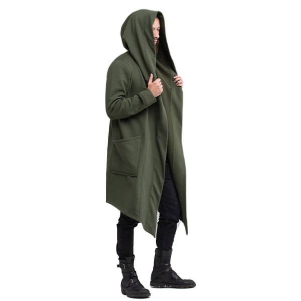 Lang, drapert cardigan med hette for menn, med to lommer, lange ermer, løs og avslappet lang modell 3XL Green
