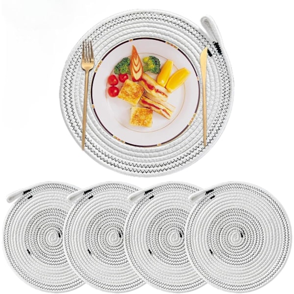 Punotut puuvillaköysi-tabletit, 4 kpl, 30 cm lämmönkestävät pyöreät tabletit ripustusrenkaalla, punotut pöytätabletit kotikeittiöön (4 kpl pakkaus, 30 cm)