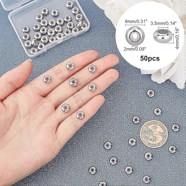 50 st. Rondelle Stopper Pärlor med Gummiring Inuti Metall Lösa Pärlor 2mm Hål Rostfritt Stål Pärlmellanlägg för Smyckestillverkning DIY Rostfritt Stål