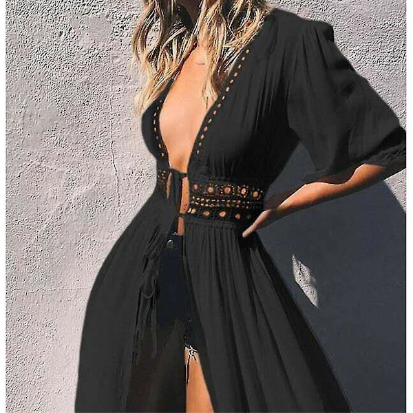 Bikini spetsöverdrag Sömnad Spetsad Lång Sjal Cardigan Mid-length Chiffon XL Black