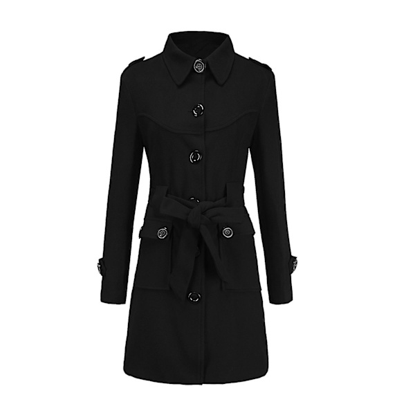 Dam vinter trenchcoat enkelknäppt slips midja vintage mode filt rockar S Black