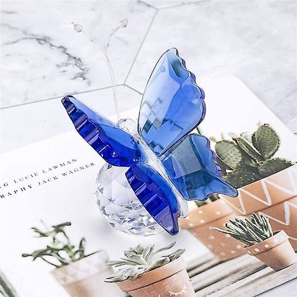 Kristallflygande fjäril med bollbasfigur, konstglas samling prydnad staty djurpapperstyngd Blue